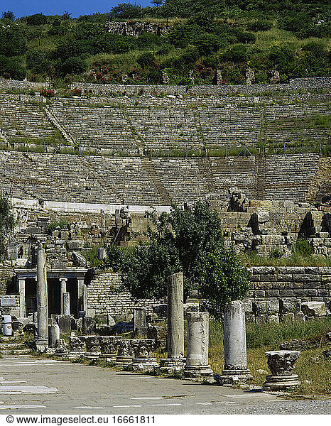 Turkey. Ephesus. Ancient Greek city on the coast of Ionia. Grand Theater. Hellenistic period and remodeled in Roman period. Capacity of 25 000 seats. Anatolia.