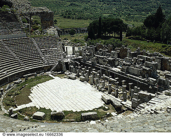 Turkey. Ephesus. Ancient Greek city on the coast of Ionia. View of Grand Theater. Hellenistic period and remodeled in Roman period. Capacity of 25 000 seats. Anatolia.