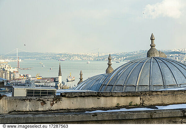 Turkey  Istanbul  Dome of Suleymaniye Mosque with Bosphorus strait in background