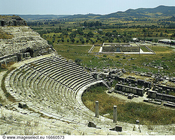 Turkey. Miletus. Ancient Greek city on the western coast of Anatolia. The Theater. Cavea and orchestra. Hellenistic and Roman Period. Ca. 300-133 BC.