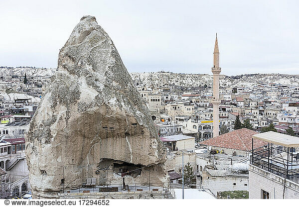 Turkey  Nevsehir Province  Goreme  Rock formation in middle of Cappadocian town
