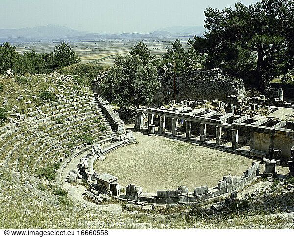 Turkey. Priene. Ancient Greek city. Theater. Hellenistic period and remodeled in Roman period. Anatolia.