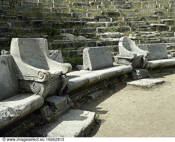 Turkey. Priene. Ancient Greek city. Theater. Leader seat. Hellenistic period and remodeled in Roman period. Anatolia.