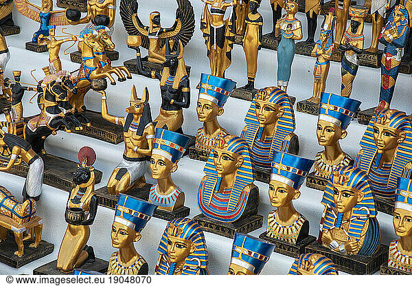 Tutankhamen souvenirs on a market stall by the Pyramids of Giza