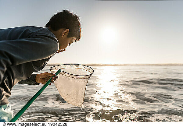 Tween boy looking in net at a beach on a sunny summer morning