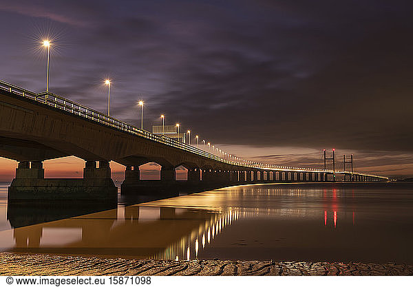 Twilight over an illuminated Prince of Wales Bridge  Gloucestershire  England  United Kingdom  Europe