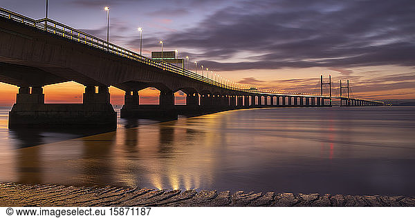 Twilight over an illuminated Prince of Wales Bridge  Gloucestershire  England  United Kingdom  Europe