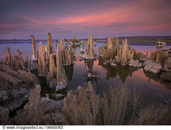 Twilight over Tufa formations on California's Mono Lake.