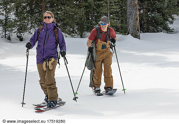 Two backcountry snowboarders skinning through a snowy meadow