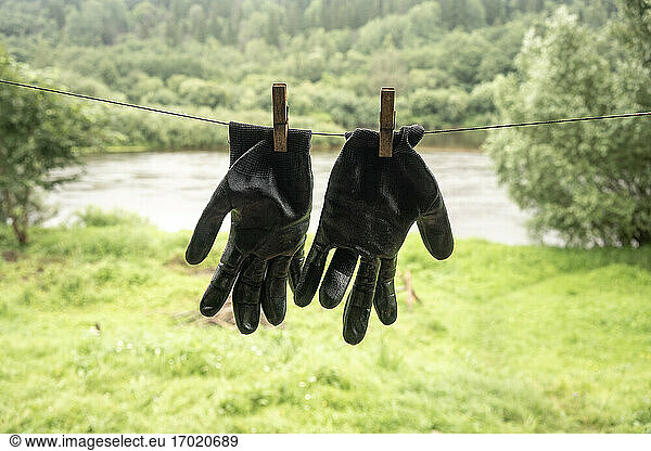 Two black gardening gloves hanging on clothesline