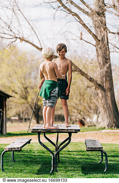 Two boysplaying on picnic table