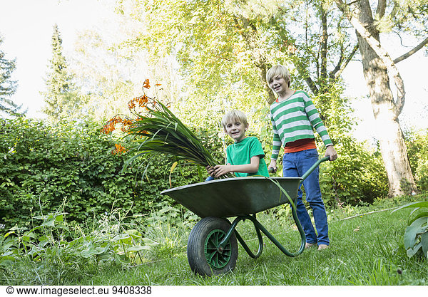 Two brothers playing with wheelbarrow in the garden
