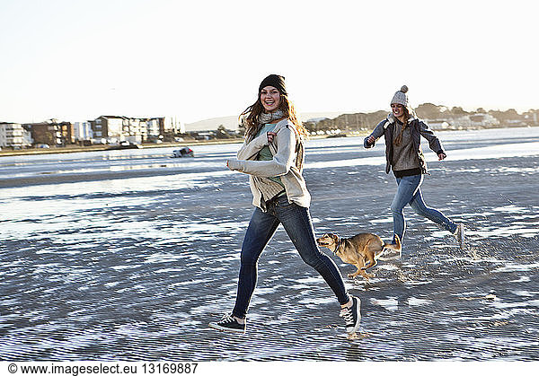 Two female friends running with dog on the beach