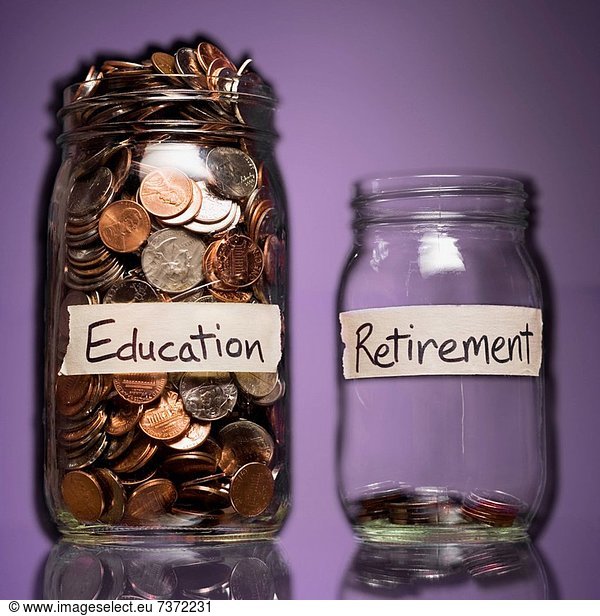 Two glass jars with change labeled Education and Retirement