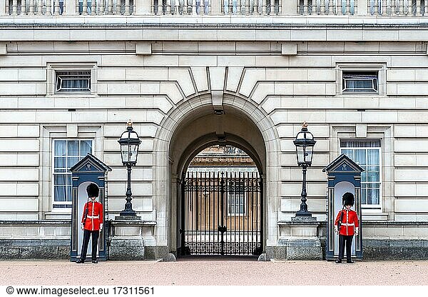 Two guards in front of guard house  Royal Guard guards with bearskin cap  Buckingham Palace  London  England  Great Britain