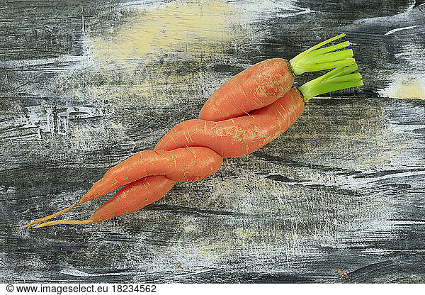 Two intertwined carrots lying on wooden surface