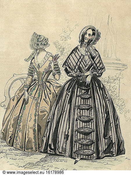 Two ladies in crinolines / Feather lithograph