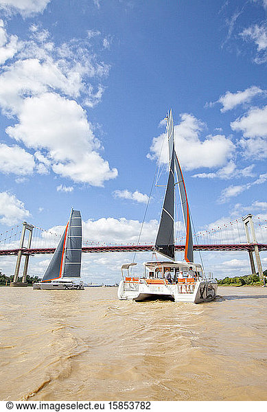 Two luxurious catamarans cruising on the Garonne river  Bordeaux  Gironde  France.