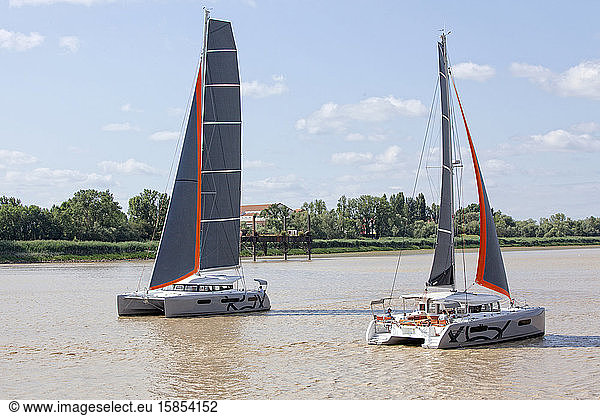 Two luxurious catamarans cruising on the Garonne river  Bordeaux  Gironde  France.