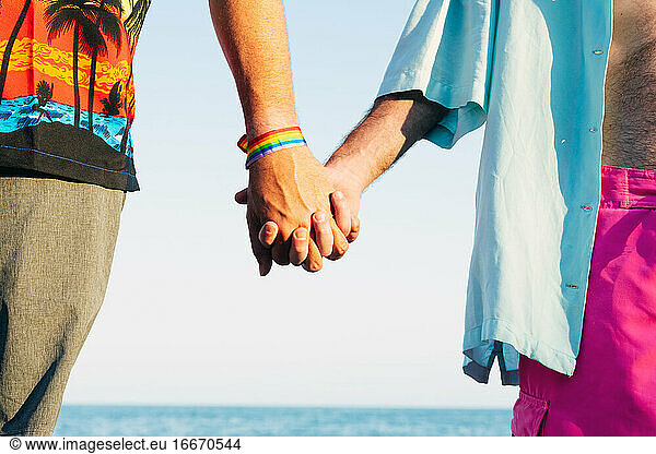 Two men in love holding hands on the beach stock photo.