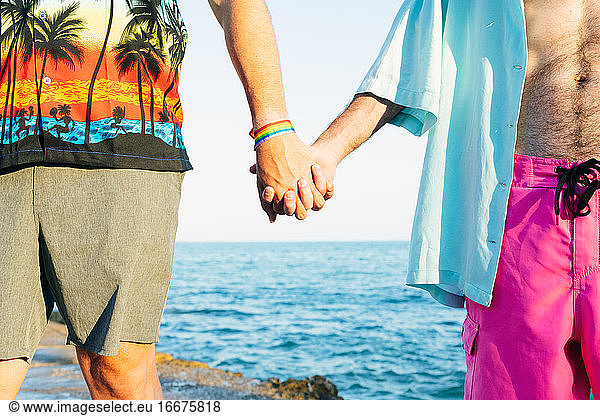 Two men in love holding hands on the beach. Stock photo.