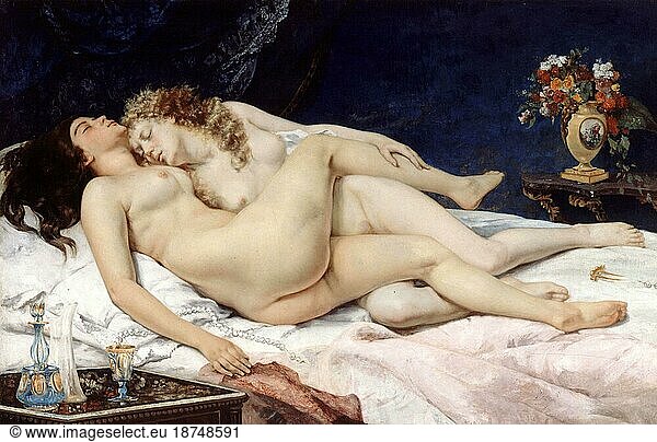 Two naked woman in a bed  lesbian  lying together asleep  painting by Jean Desire Gustave Courbet (10 June 1819-31 December 1877)  Historical  digitally restored reproduction from a 19th century original
