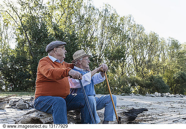 Two old friends sitting on a tree trunk by the riverside  sharing memories