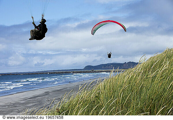 Two paragliders flying low over the beach and dunes on a sunny day.