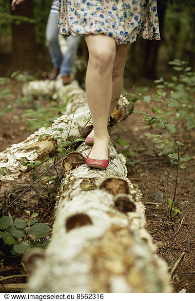 Two people walking along a fallen tree trunk in the woods.