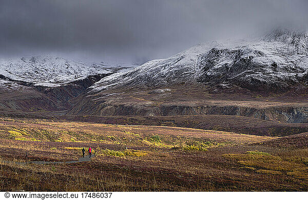 Two people walking towards Denali or Mount McKinley under overcast grey skies.