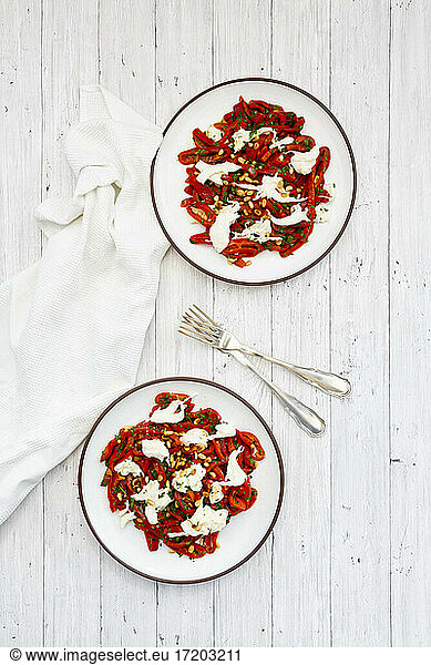 Two plates with salad made out of pickled  roasted peppers with parsley  chives  mozzarella and roasted pine nuts