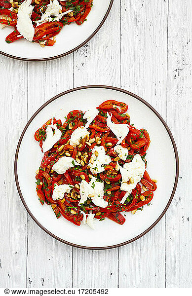 Two plates with salad made out of pickled  roasted peppers with parsley  chives  mozzarella and roasted pine nuts