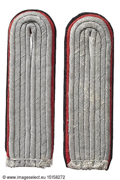 Two shoulder boards 'UntersturmfÃ¼hrer' of the artillery Red piping  sew-in type  slightly used. historic  historical  20th century  1930s  1940s  Waffen-SS  armed division of the SS  armed service  armed services  NS  National Socialism  Nazism  Third Reich  German Reich  Germany  military  militaria  utensil  piece of equipment  utensils  object  objects  stills  clipping  clippings  cut out  cut-out  cut-outs  fascism  fascistic  National Socialist  Nazi  Nazi period