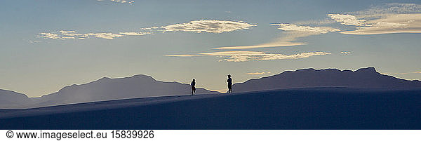 Two silhouettes standing on a sand dune 1