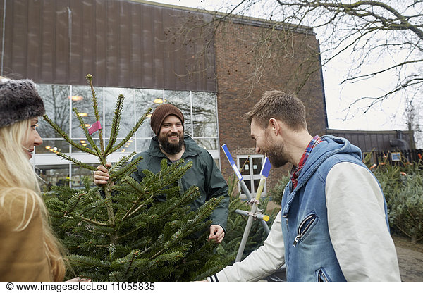 Two staff and a woman client looking at a large Christmas tree.