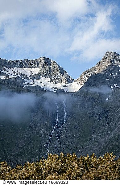 Two waterfalls side by side  Zillertal Alps  Zillertal  Tyrol  Austria  Europe