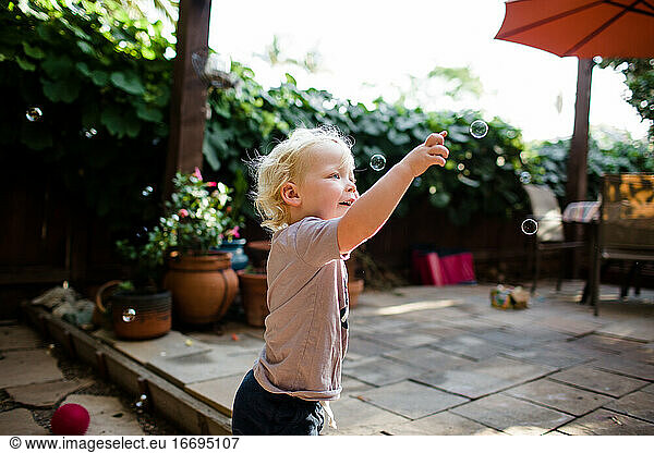 Two Year Old Boy Popping Bubbles in Yard