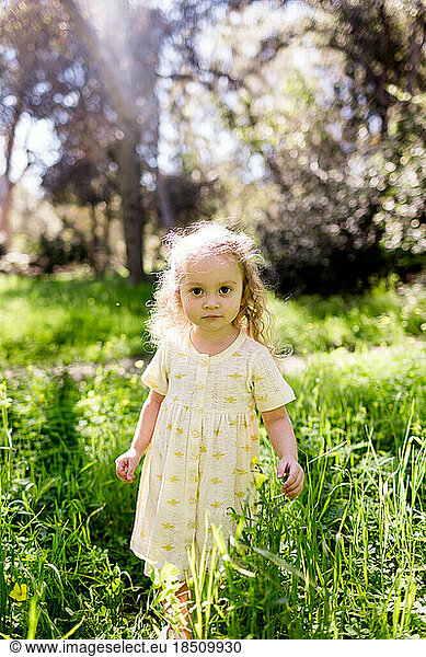 Two Year Old Girl Standing in Field on Sunny Day in San Diego