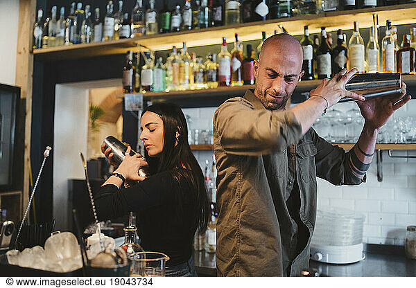 Two young barmans prepares an alcoholic cocktail in the bar