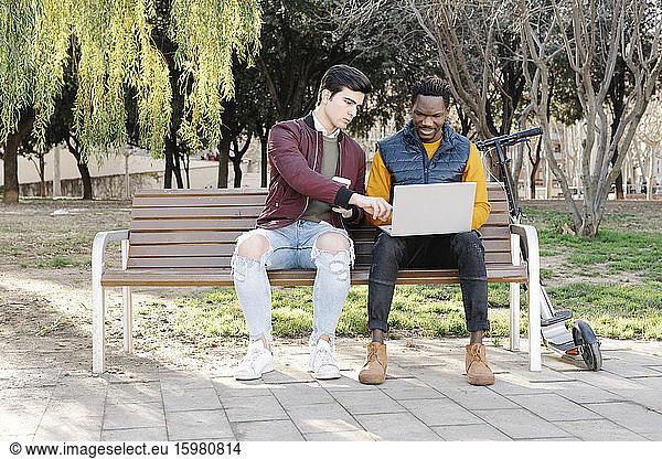 Two young men sitting on park bench sharing laptop