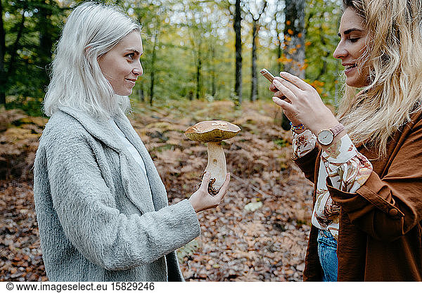 Two young women taking snapshot of a mushroom in a forest