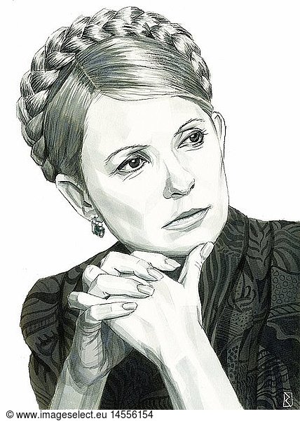 Tymoschenko  Julija  * 27.11.1960  ukrain. Politikerin  MinisterprÃ¤sidentin der Ukraine 2007-2010  Portrait  Zeichnung  einfarbig  Illustration  mit HÃ¤nden gefaltet von Jan Rieckhoff  20.01.2011