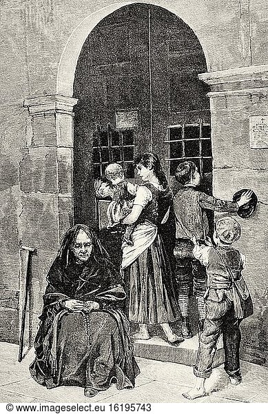 Typical characters at the door of a hermitage painting by Maximino Pe?a Mu?oz (Salduero 1863 - Madrid 1940) Spanish painter of the 19th century gifted for pastel painting  landscapes and customs issues. Spain  Europe. Old XIX century engraved illustration from La Ilustracion Espa?ola y Americana 1894.