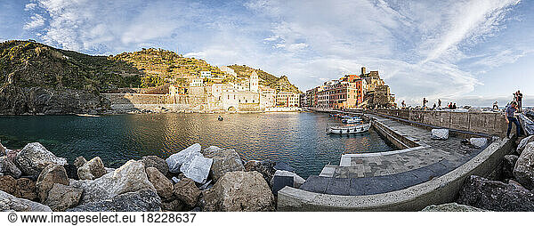 typical harbour in cinque terre in panoramic view