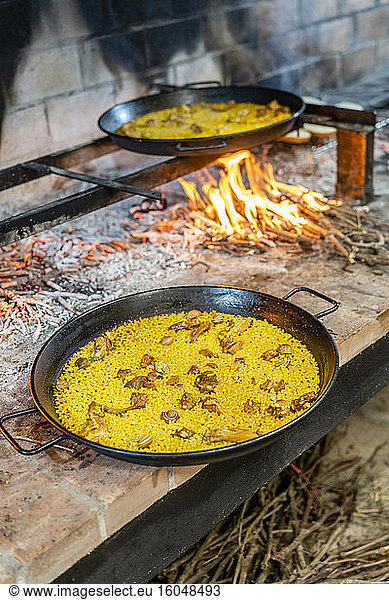 Typical Spanish seafood paella in a pan