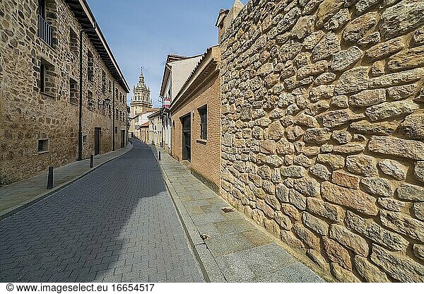 Typische Straße und Kathedrale von La Asuncion in El Burgo de Osma. Soria. Spanien. Europa.