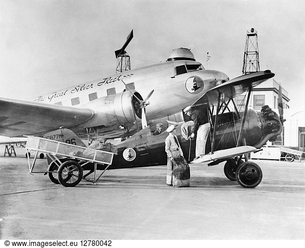 U.S. AIRMAIL  1935. The final flight of a Pitcairn Mailwing-7  the last open cockpit airplane to carry U.S. airmail on contract schedule  16 October 1935. The Pitcairn Mailwing-7 had a mail capacity of 550 pounds and a top speed of 110 mph. Behind it is an Eastern Airlines DC-2 14-passenger airplane that had a top speed of 215 mph.