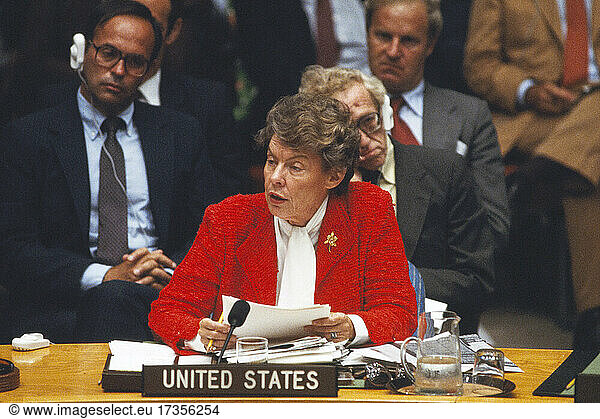 U.S. Ambassador to the United Nations Jeane Kirkpatrick  United Nations General Assembly  New York City  New York  USA  Bernard Gotfryd  September 1983