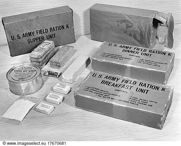 U.S. Army Field Ration K Units  Breakfast  Supper and Dinner Units to be used in emergencies and continuous combat only  Subsistence research laboratory  U.S. Army Quartermaster Depot  Chicago  Illinois  USA  Howard R. Hollem  U.S. Office of War Information/U.S. Farm Security Administration  March 1943