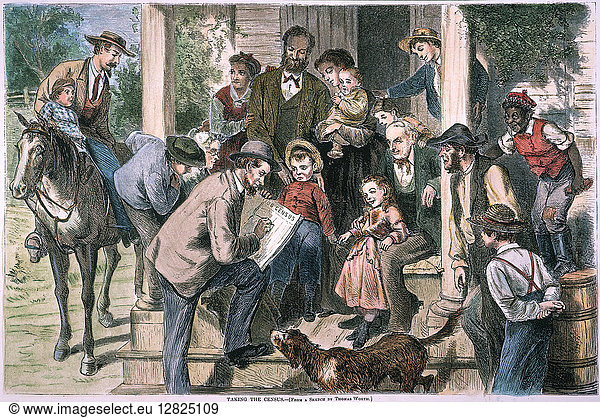 U.S. CENSUS-TAKER  1870. Taking the census in a small town in 1870. Contemporary American wood engraving.